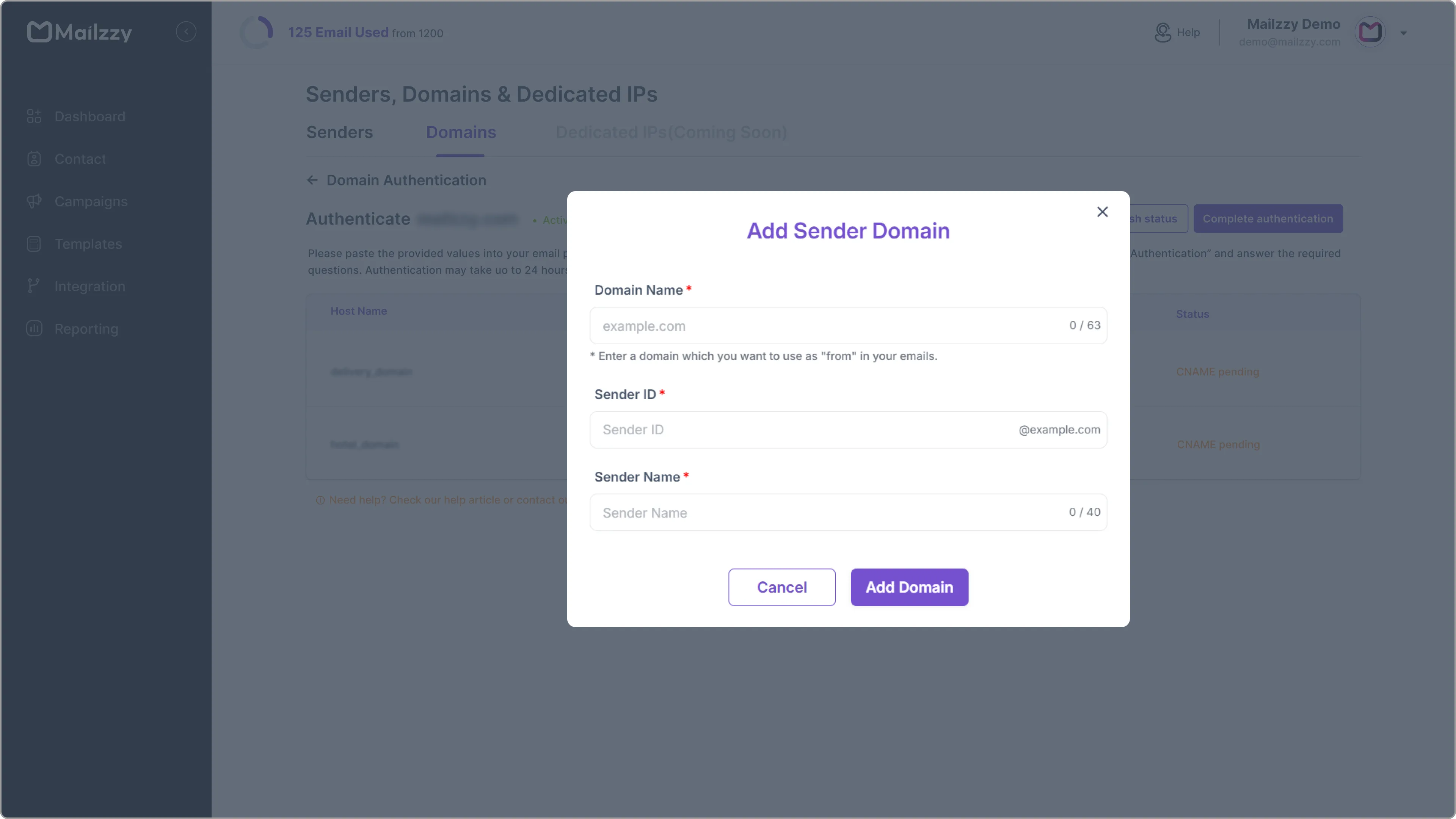 domain modal in Mailzzy showing domain name input field