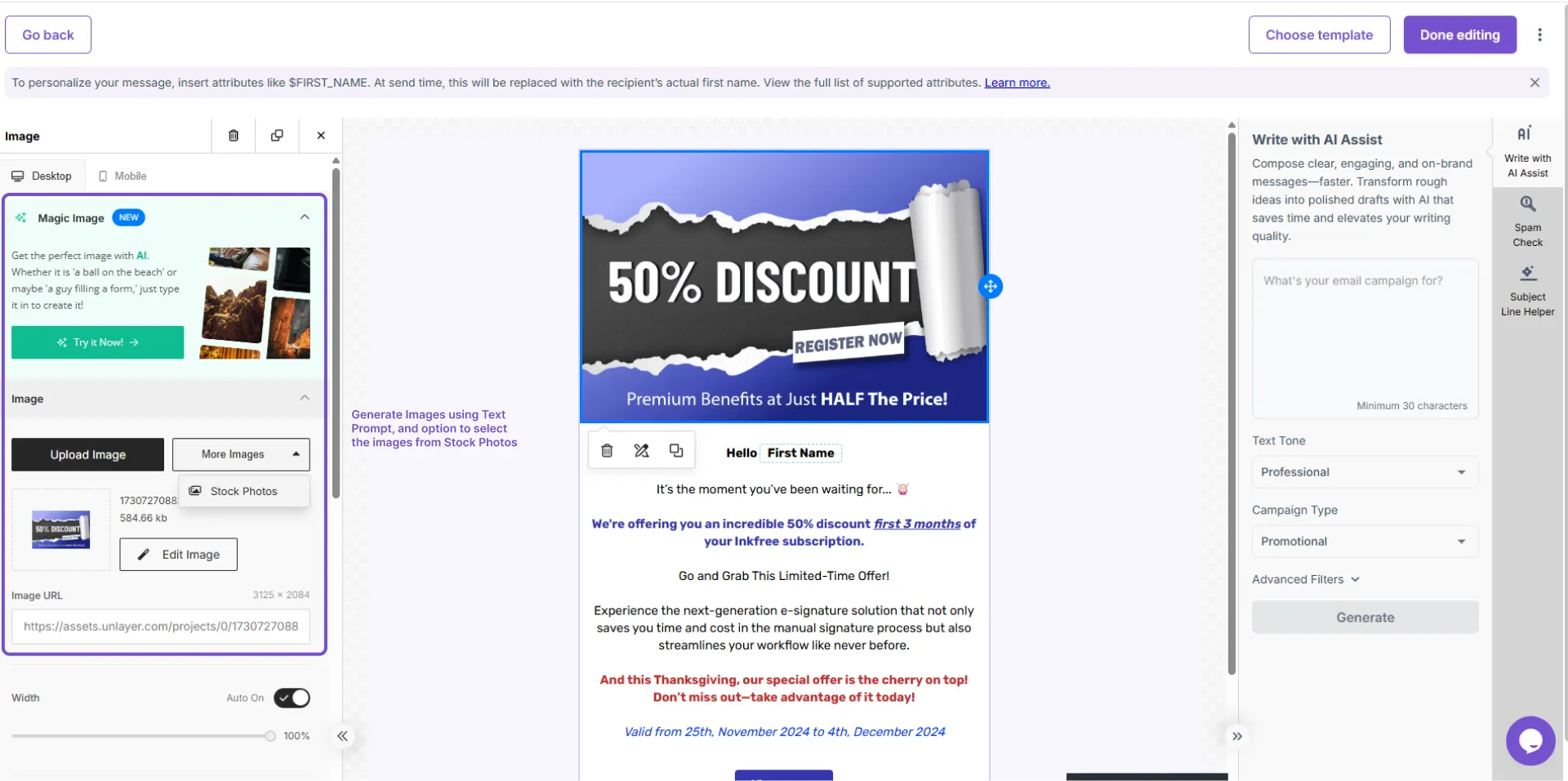 Adding and managing images in a Mailzzy email campaign editor