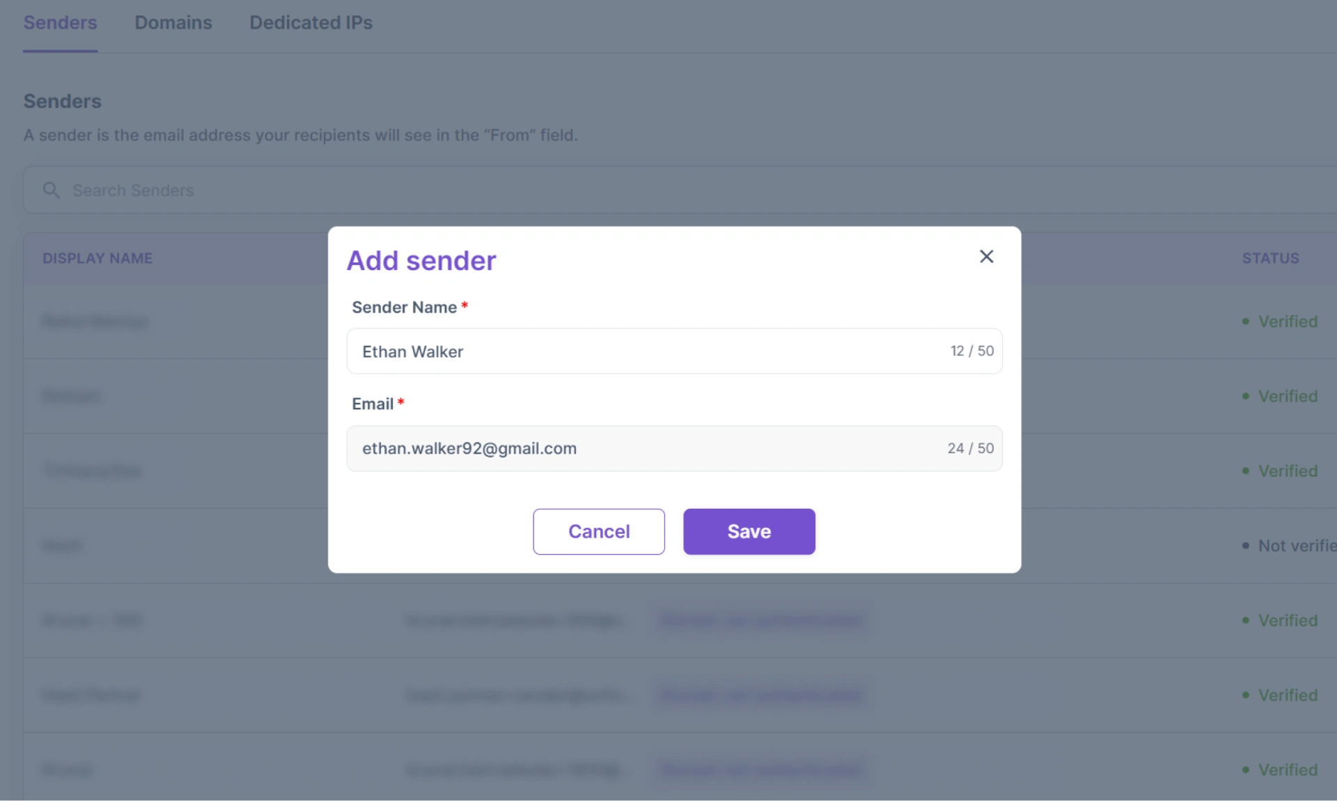 Add new sender name and email address