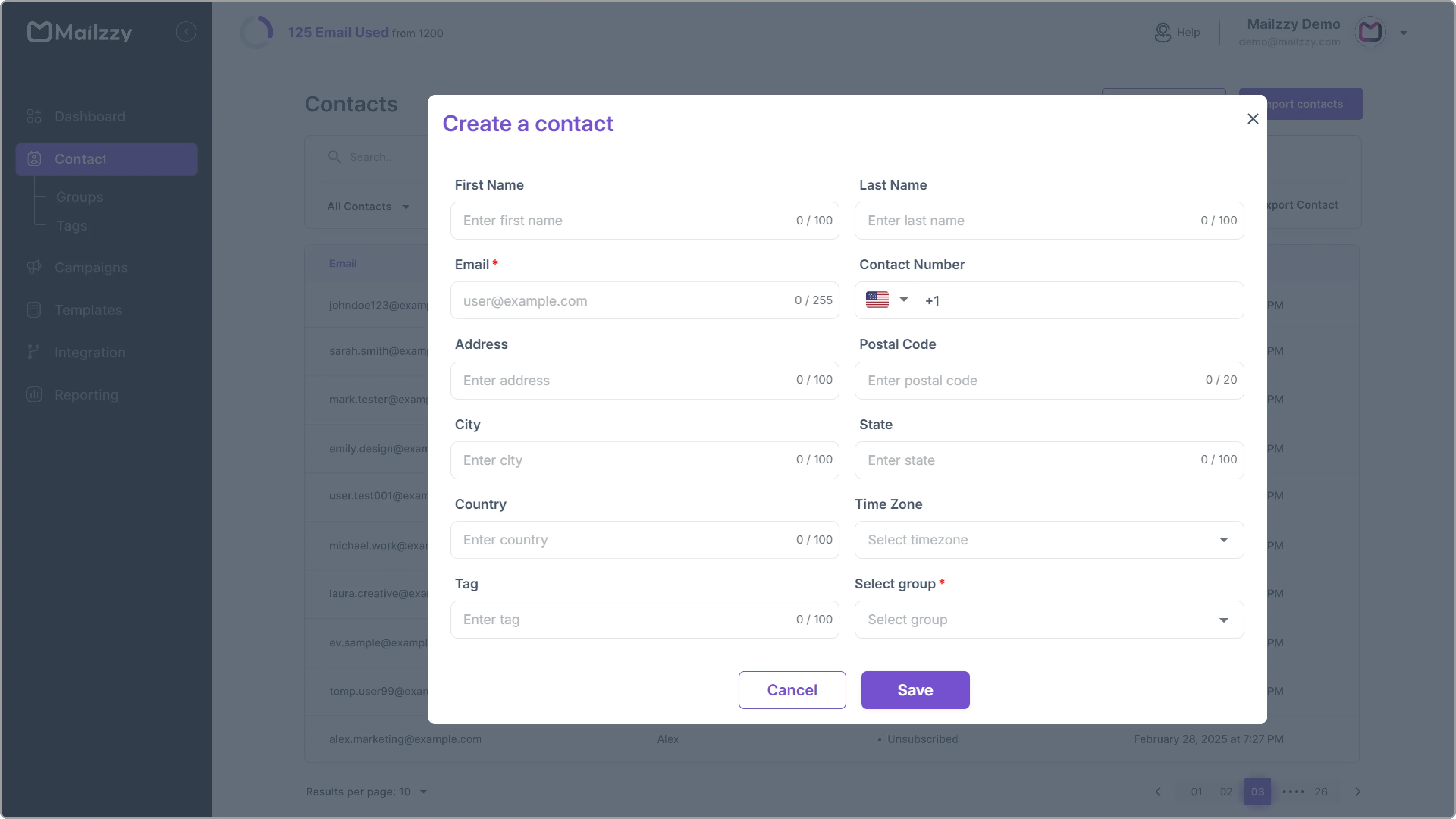 Modal window for adding a single contact in Mailzzy manually.