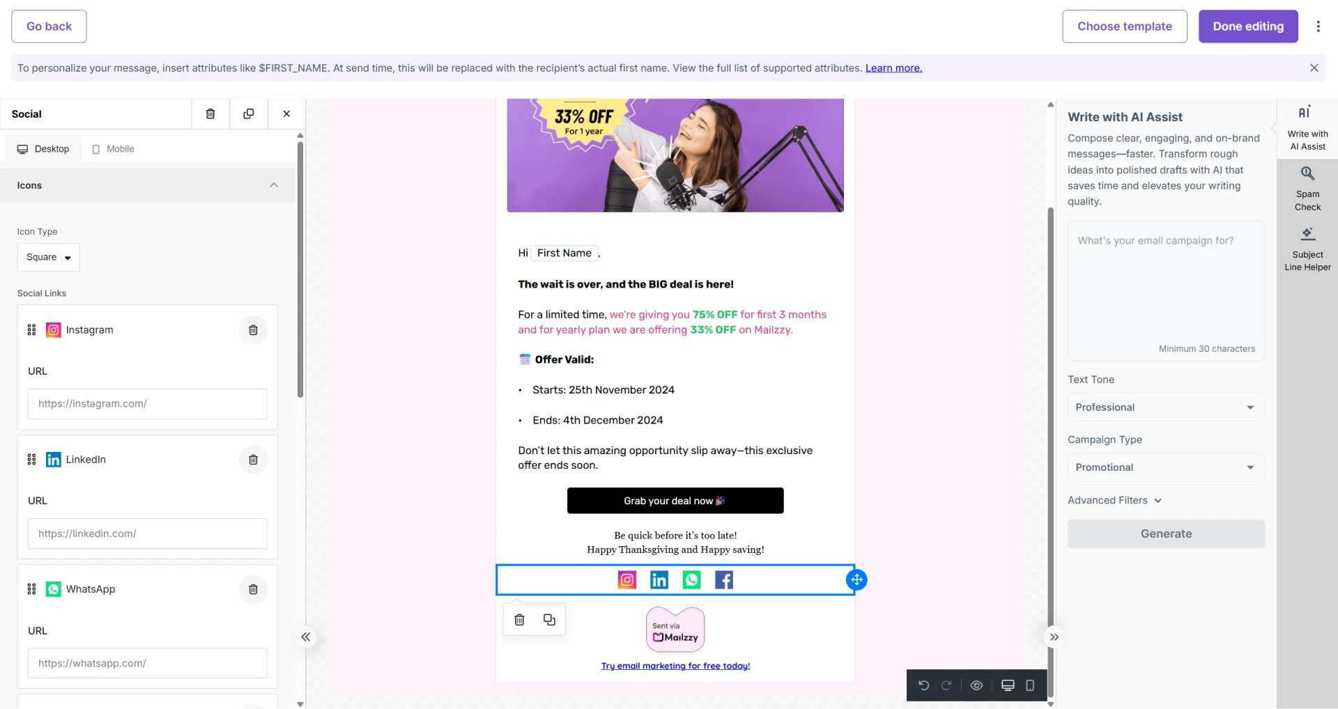 Adding social media icons and profile links to an email campaign in Mailzzy