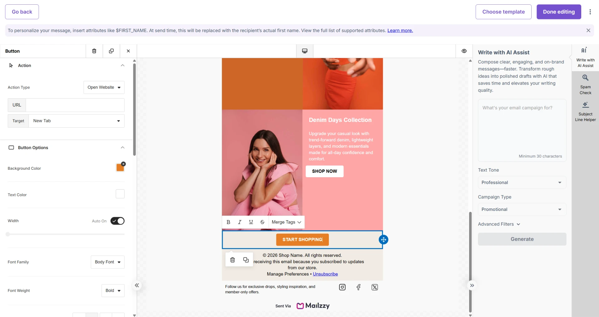 Adding a call-to-action button to an email campaign
