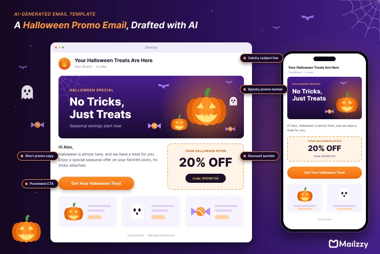AI-generated Halloween promotional email with seasonal copy and call-to-action