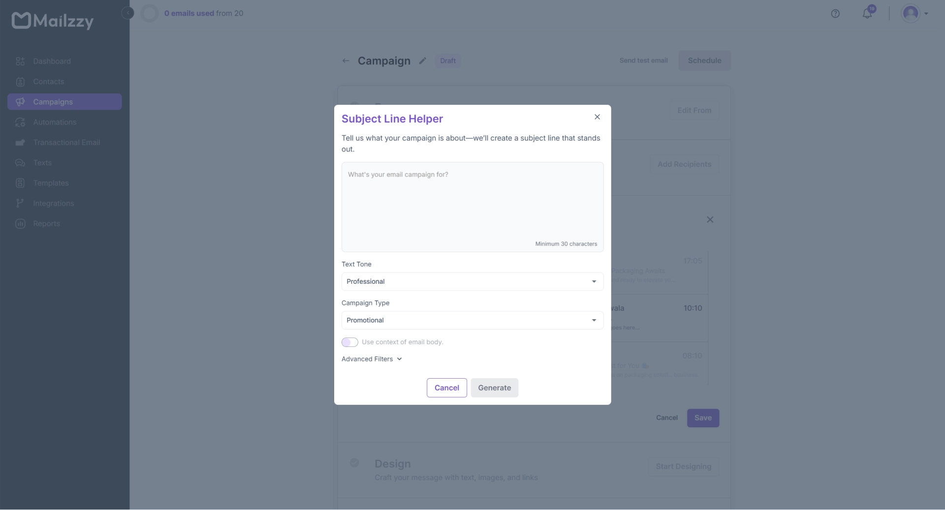 AI Subject Line Helper generating email subject line suggestions in Mailzzy
