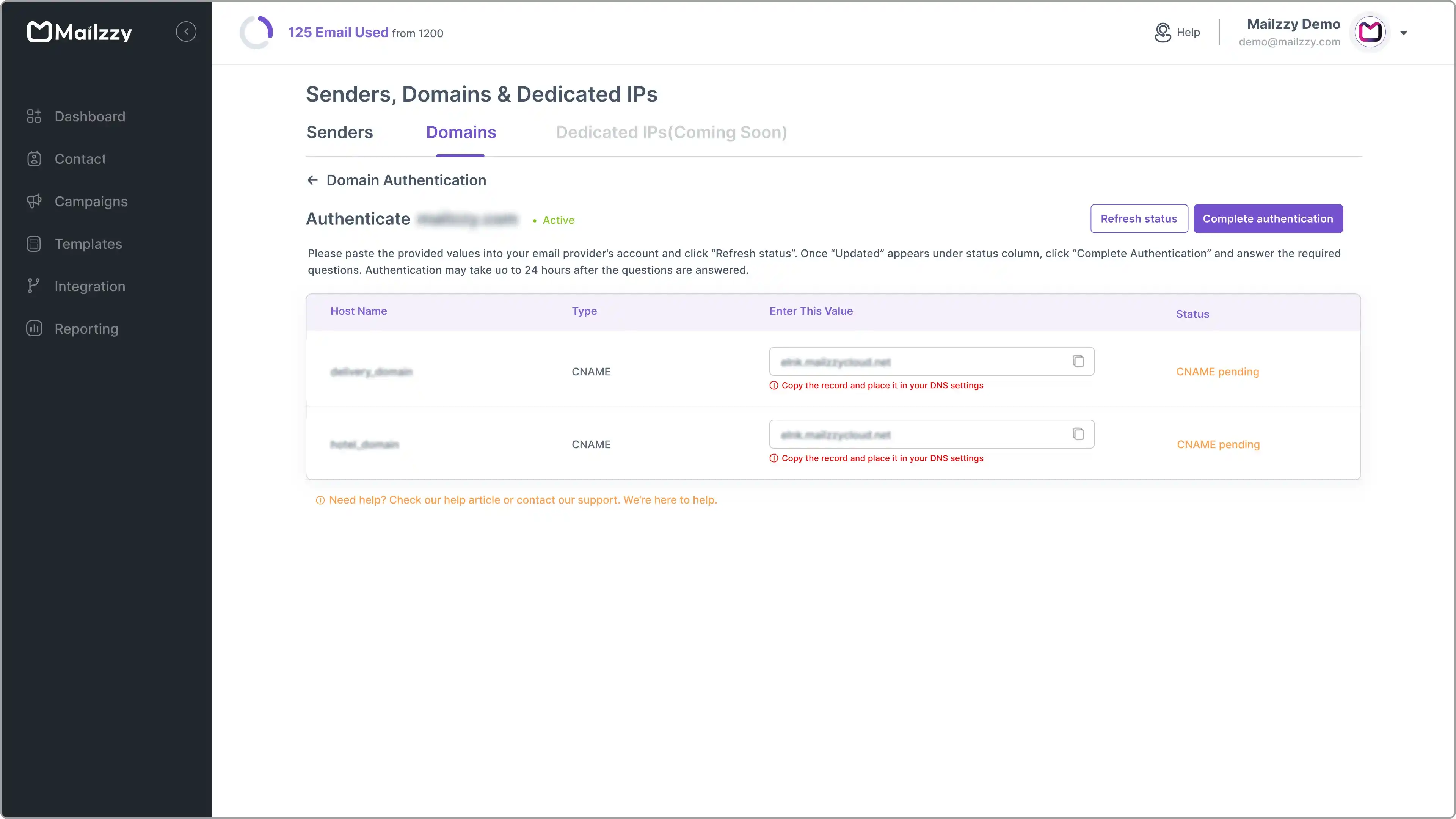 Mailzzy domain authentication page with CNAME records and status section