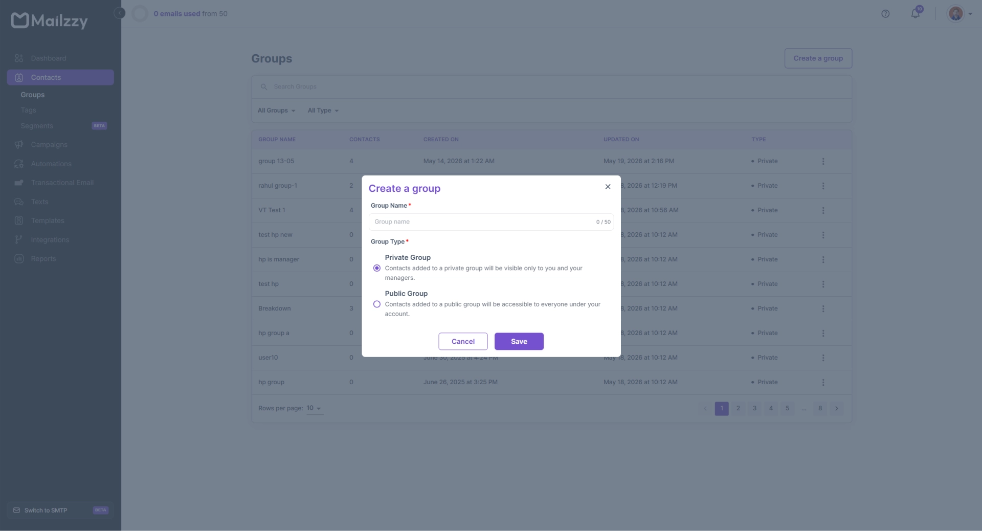 Choose contact group type — private or public — when creating a new group in Mailzzy