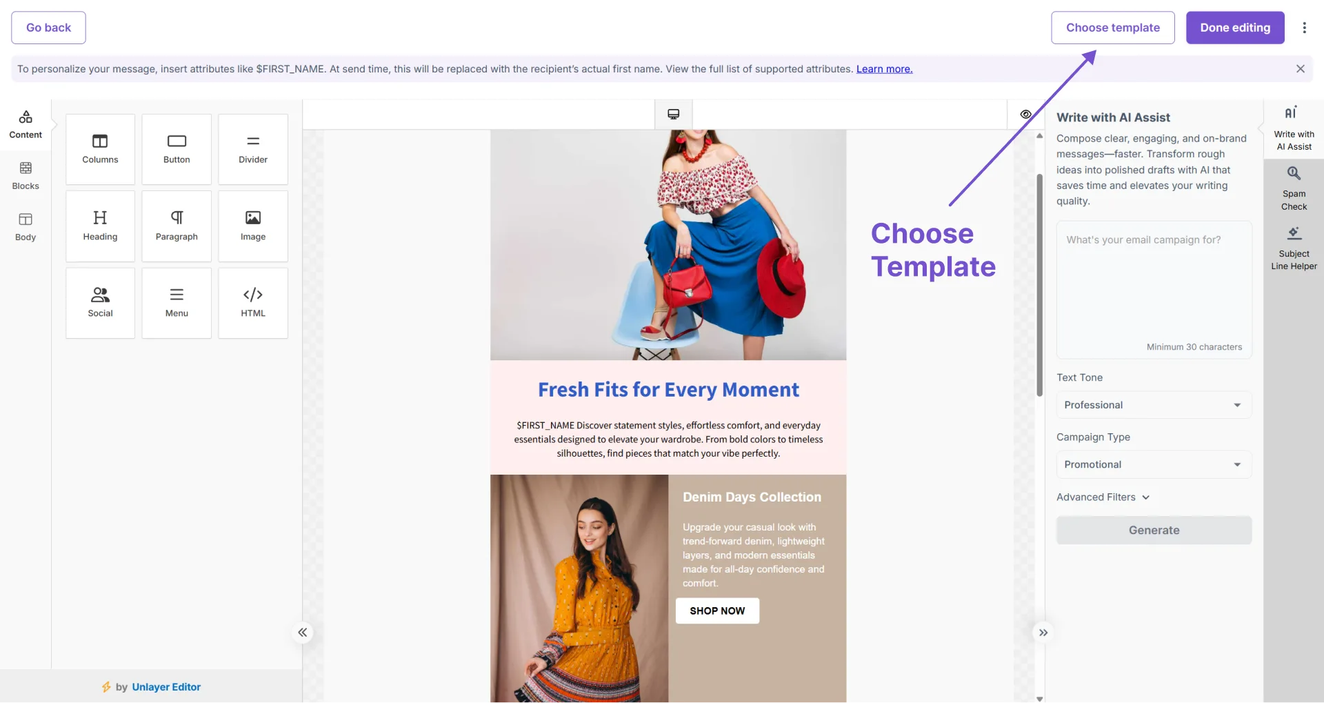 Choosing Email template
