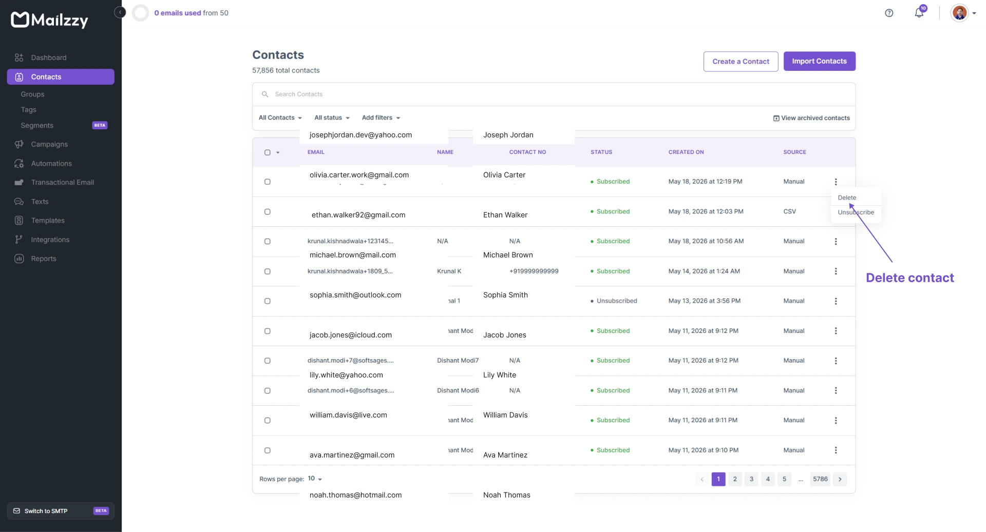 Delete contact option highlighted in Mailzzy contact actions menu