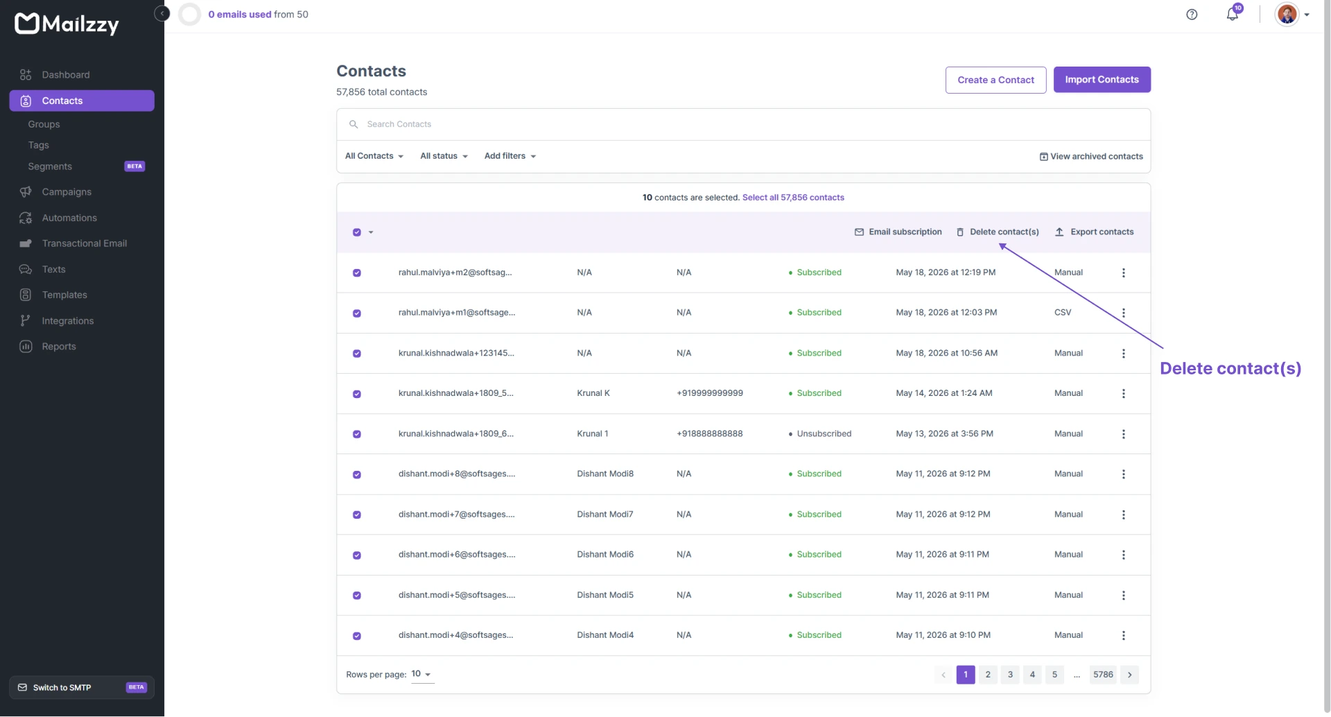 Delete contact(s) button highlighted in Mailzzy bulk actions