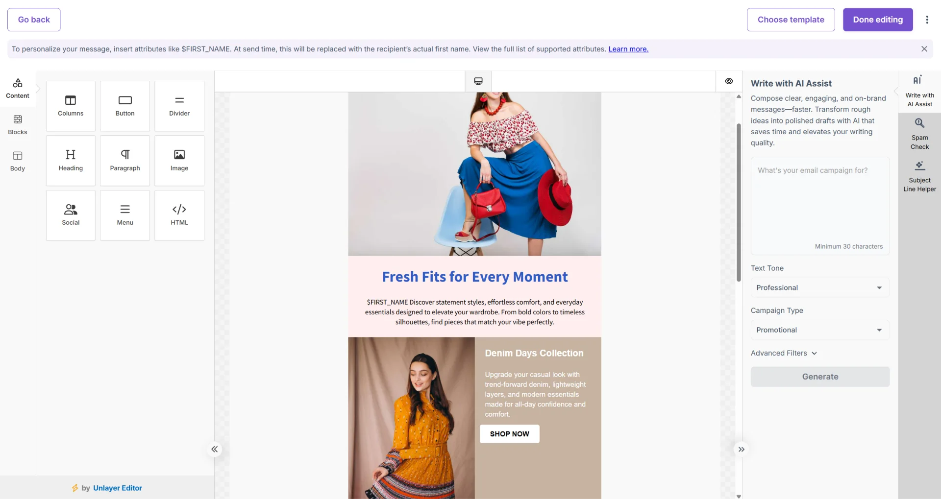 Designing an email campaign using the Mailzzy editor