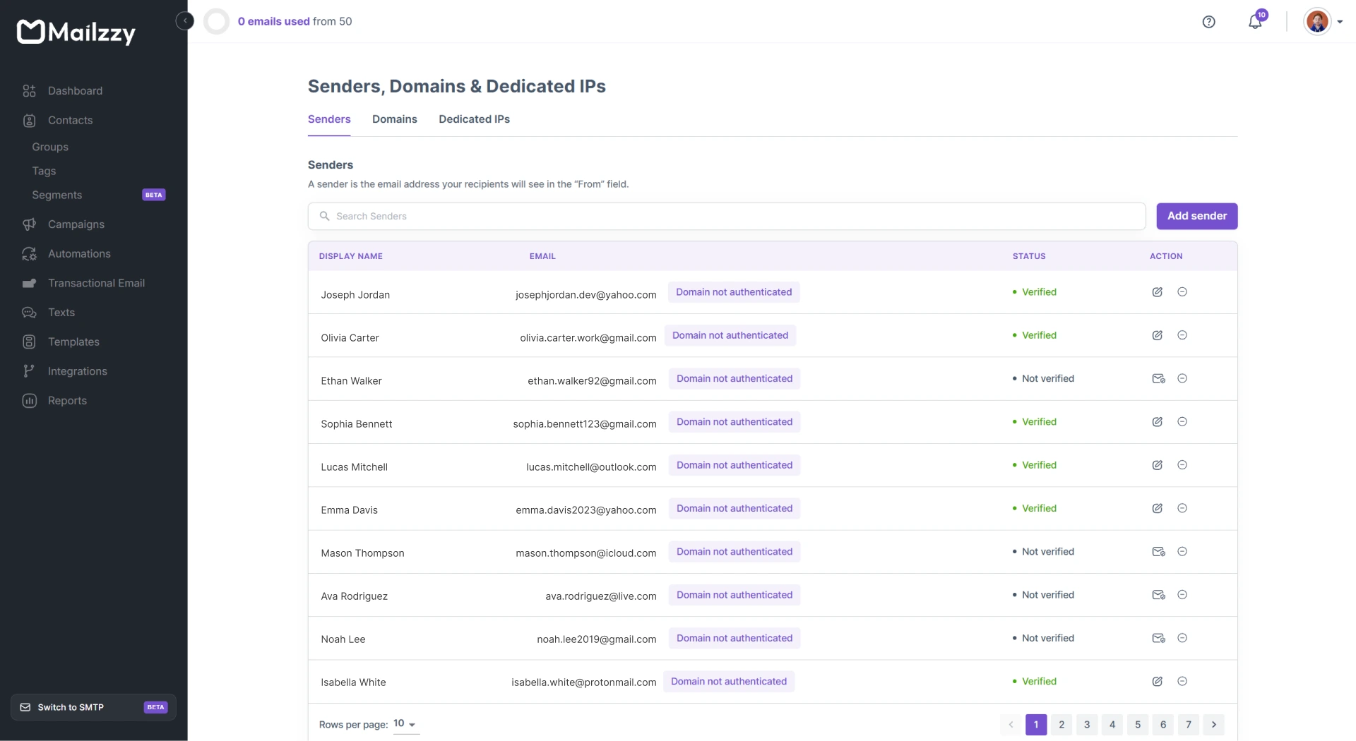Domain authentication setup screen in Mailzzy