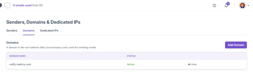 Mailzzy dashboard showing domain authentication status with SPF, DKIM and DMARC verification