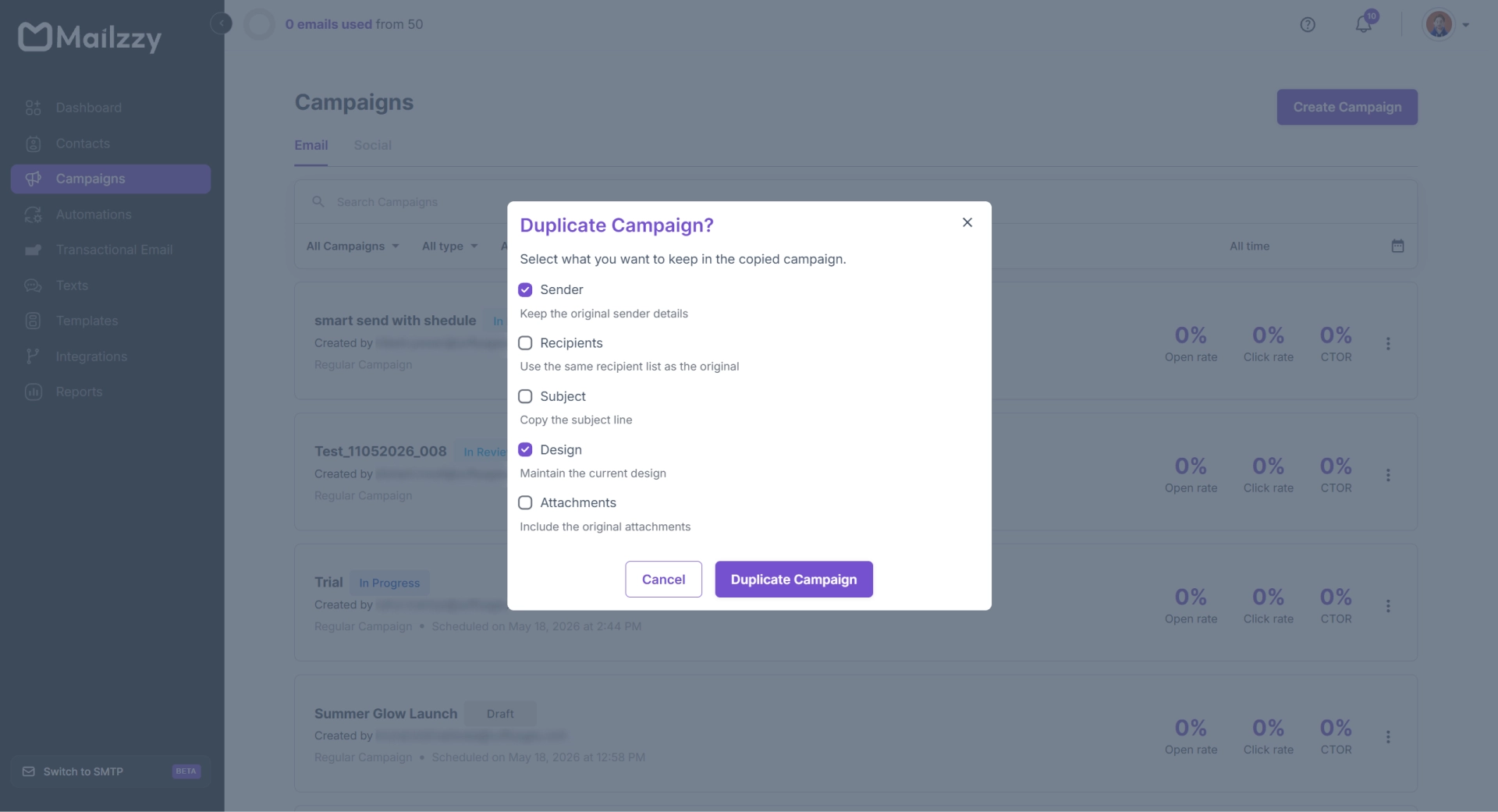 Duplicate campaign option in Mailzzy