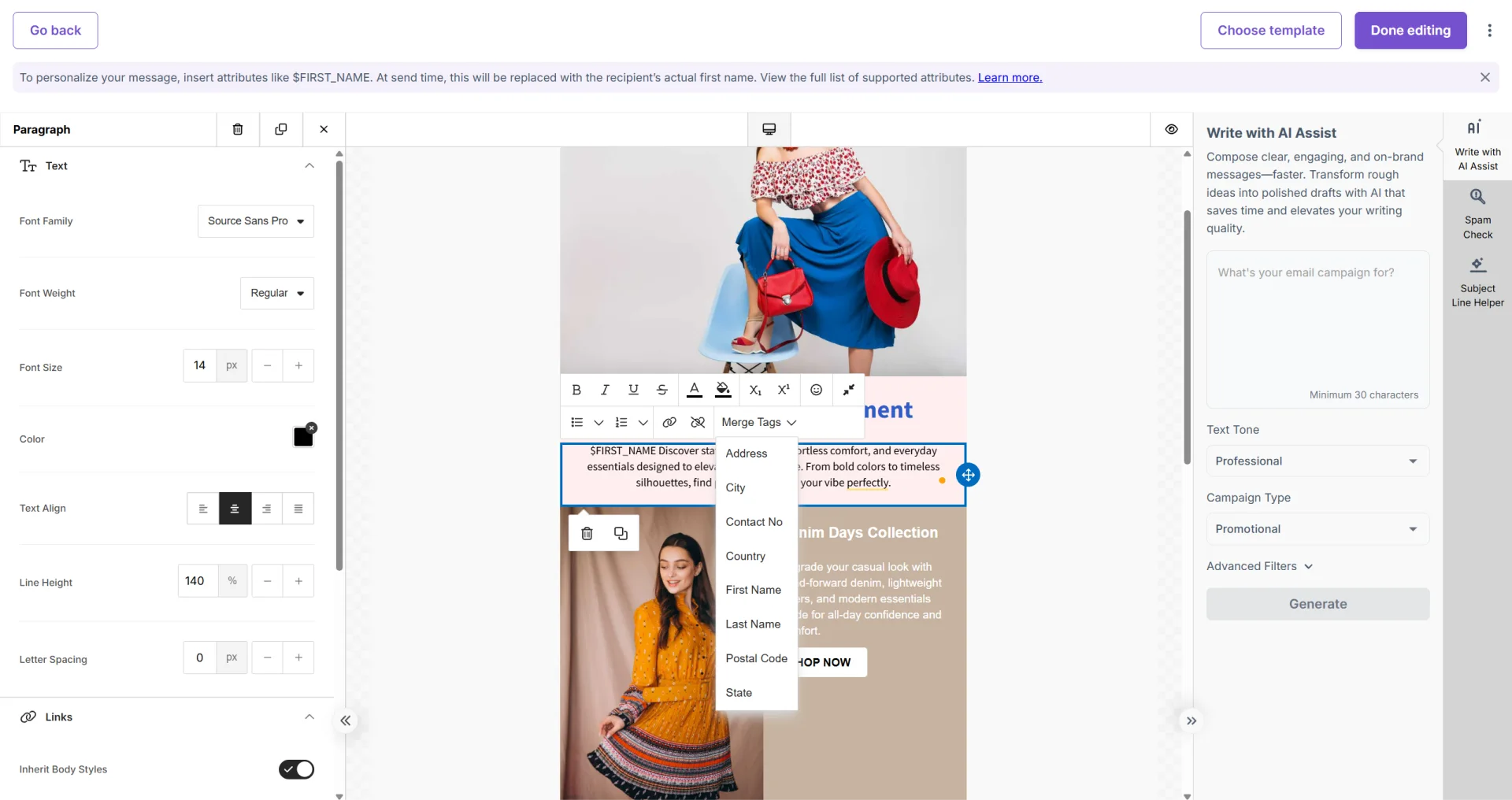 Personalizing email content with merge tags in Mailzzy