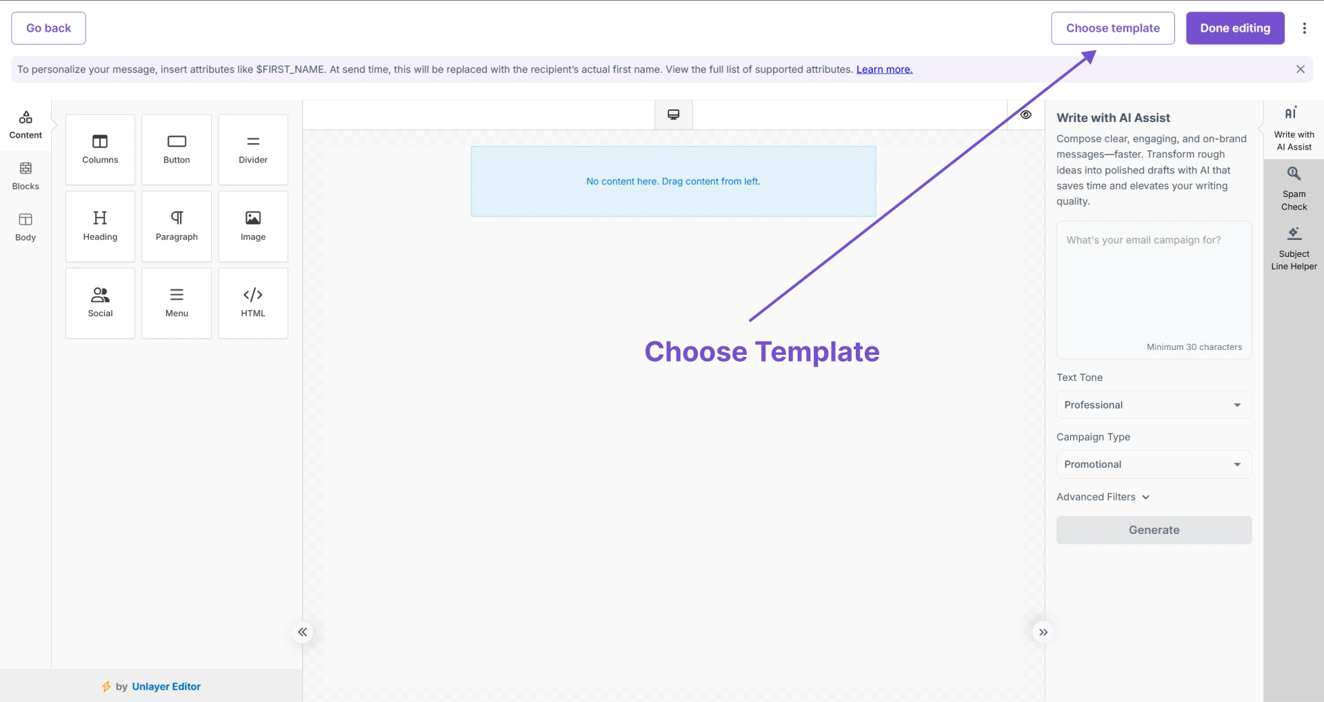 Email template selection screen in Mailzzy editor