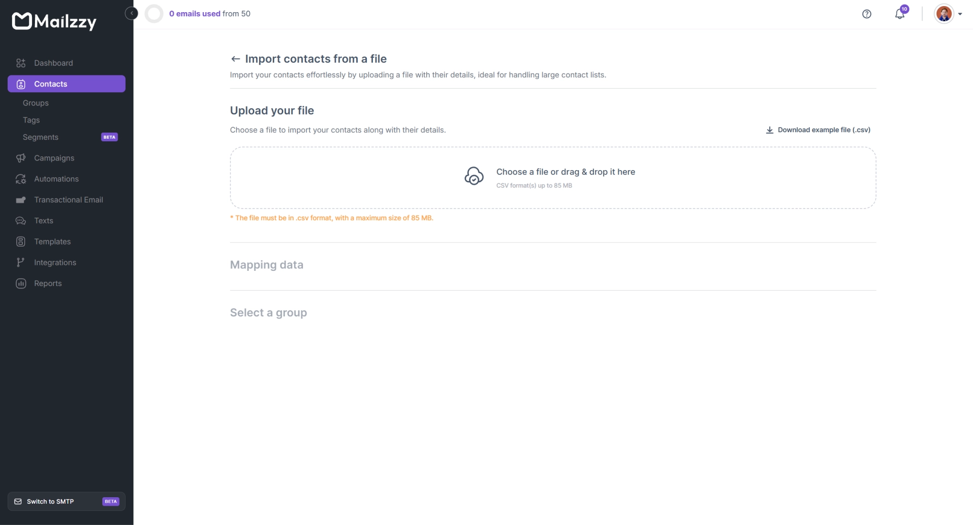 Import contacts CSV file into Mailzzy dashboard