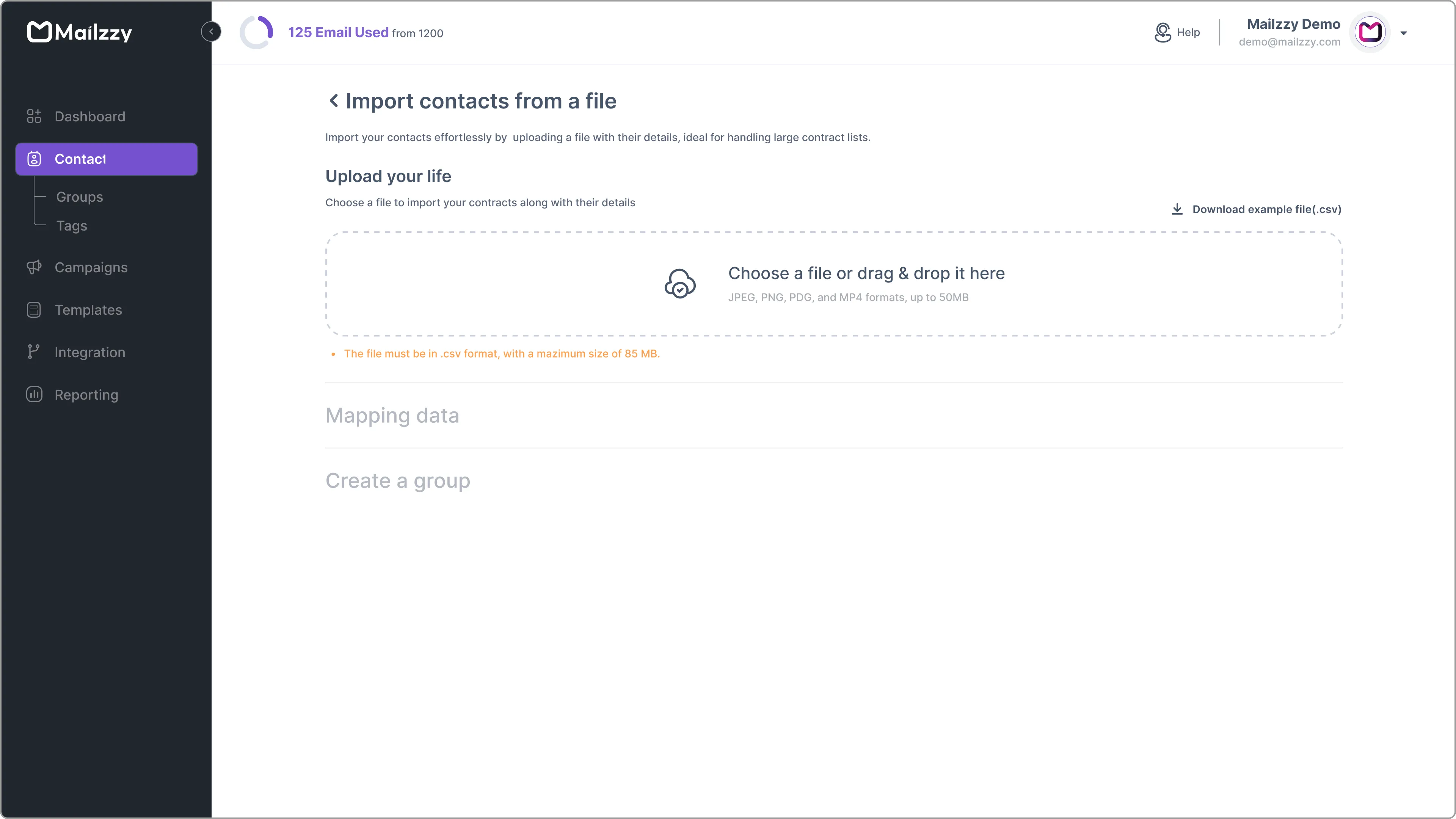 nterface showing the CSV/Excel import screen for bulk contact uploads in Mailzzy