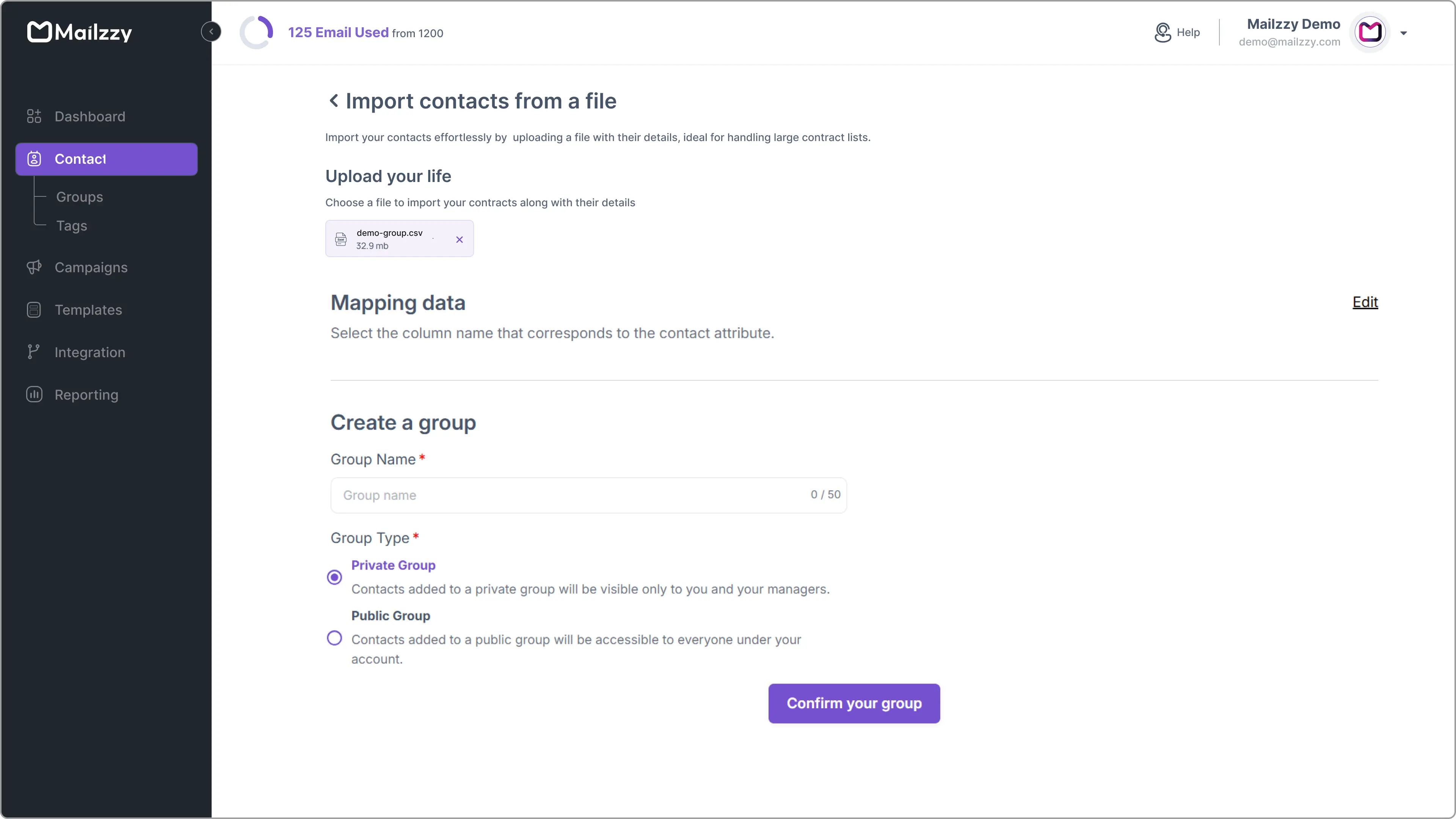 Mapping columns from uploaded contact file to Mailzzy attributes.