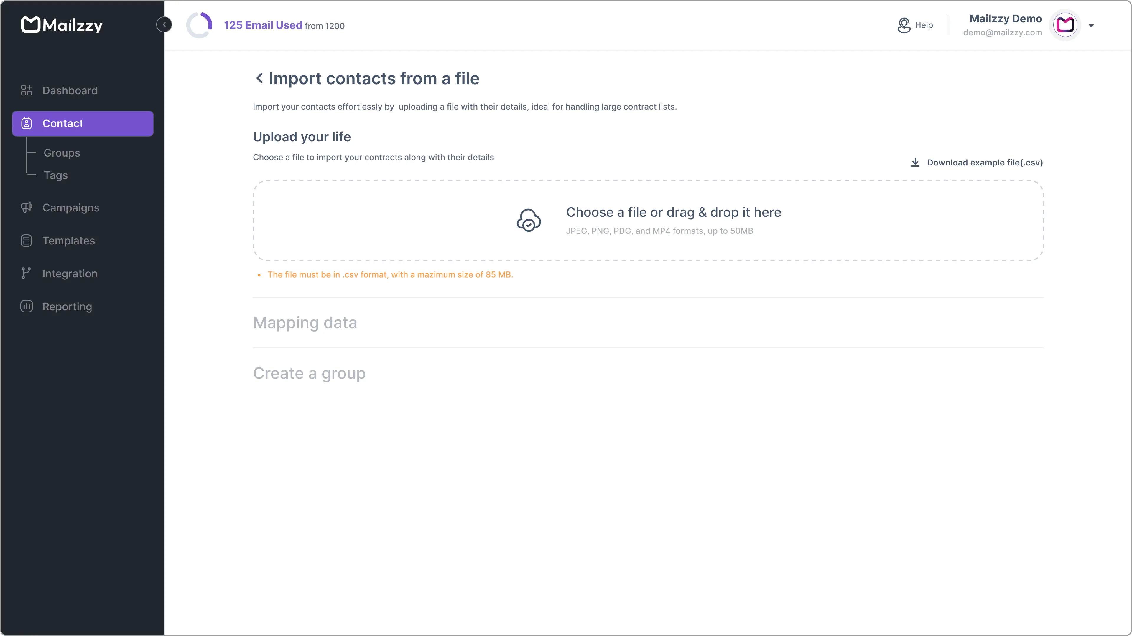 Upload screen for importing contacts into Mailzzy with file drag-and-drop option.