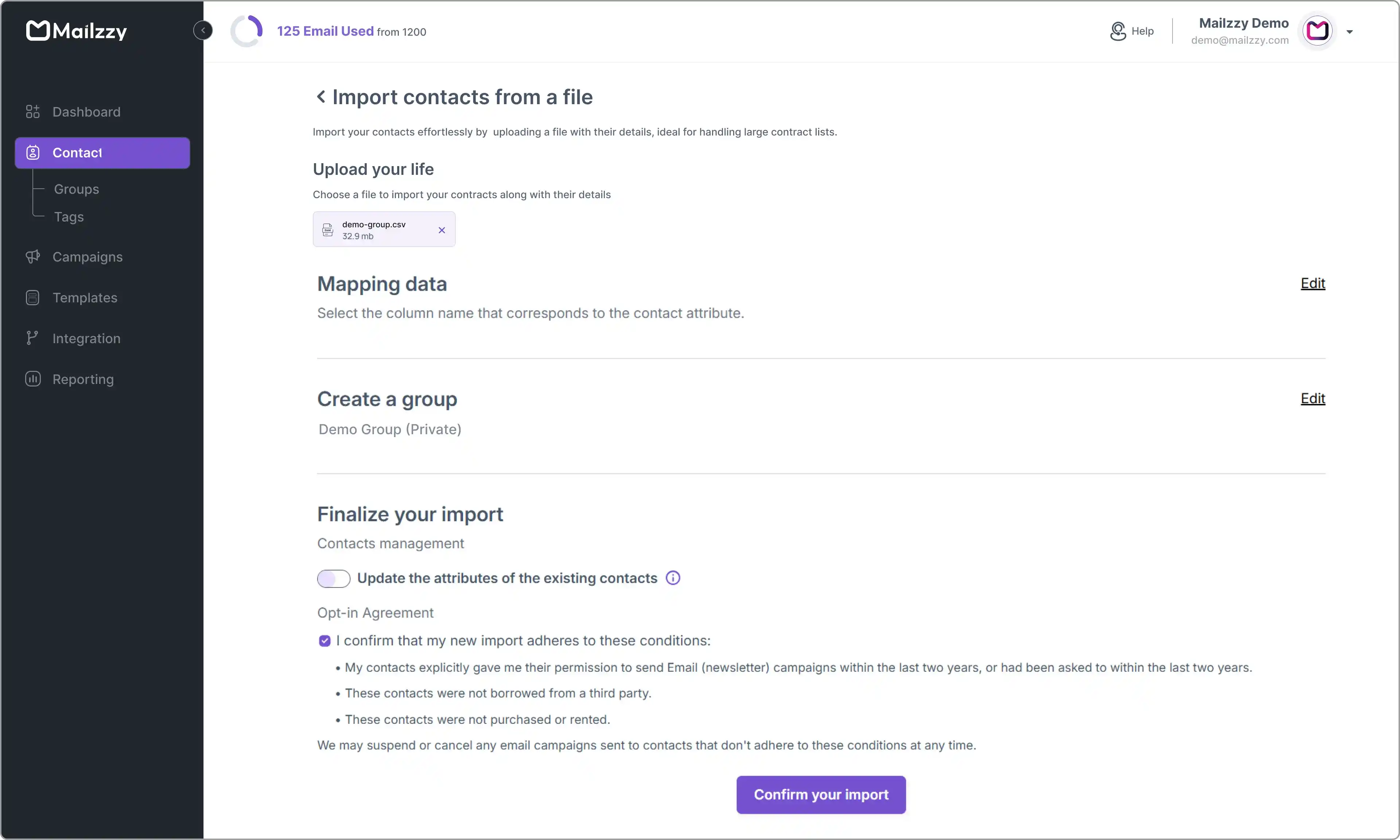 Final import screen in Mailzzy with opt-in confirmation checkbox.