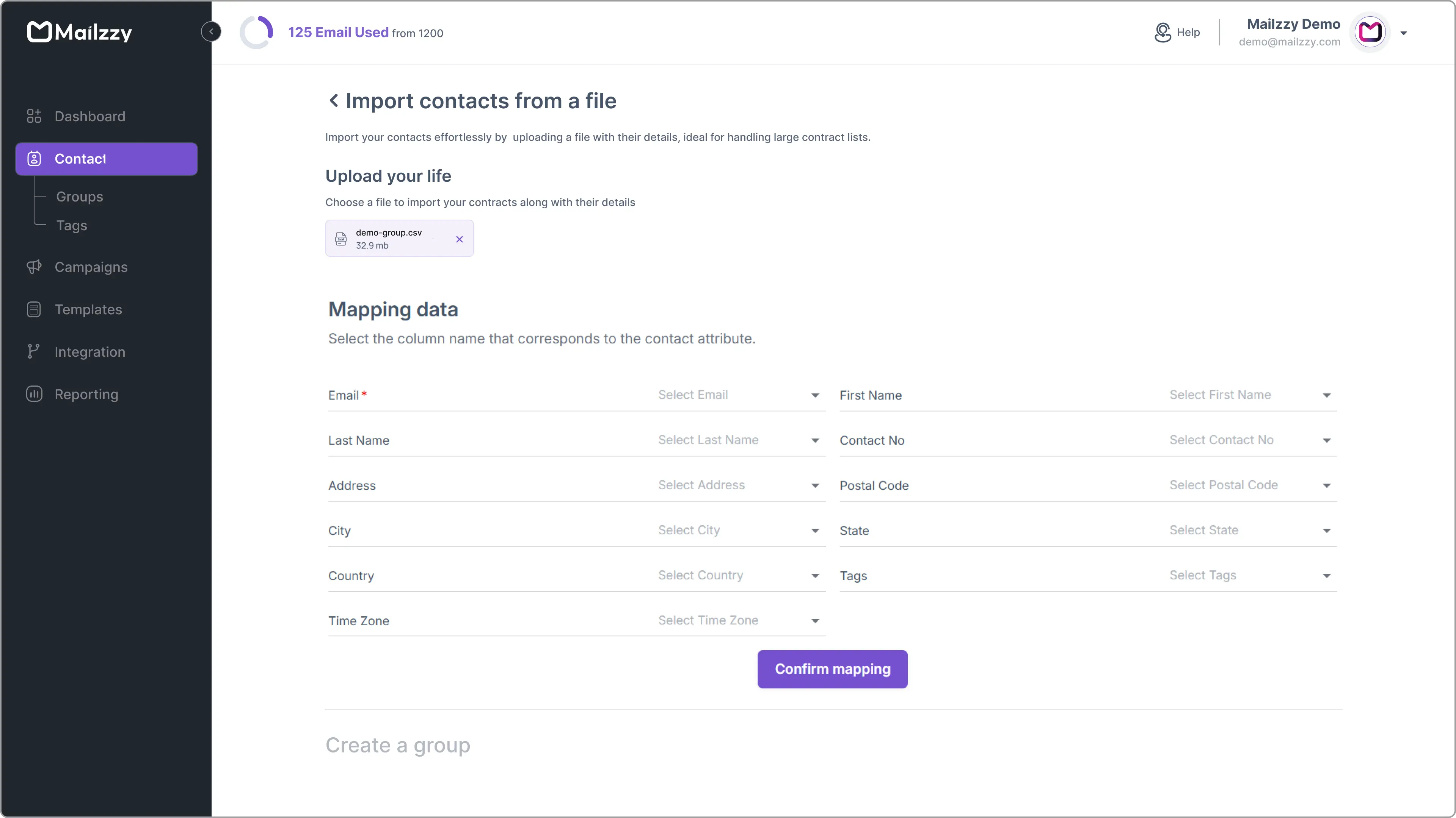 Mapping columns from uploaded contact file to Mailzzy attributes.