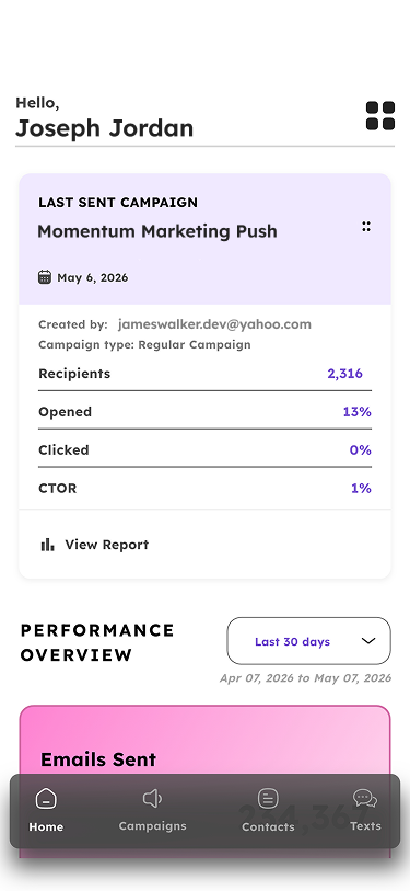 Mailzzy mobile app dashboard on smartphone