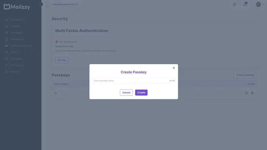 Passkey setup modal in Mailzzy