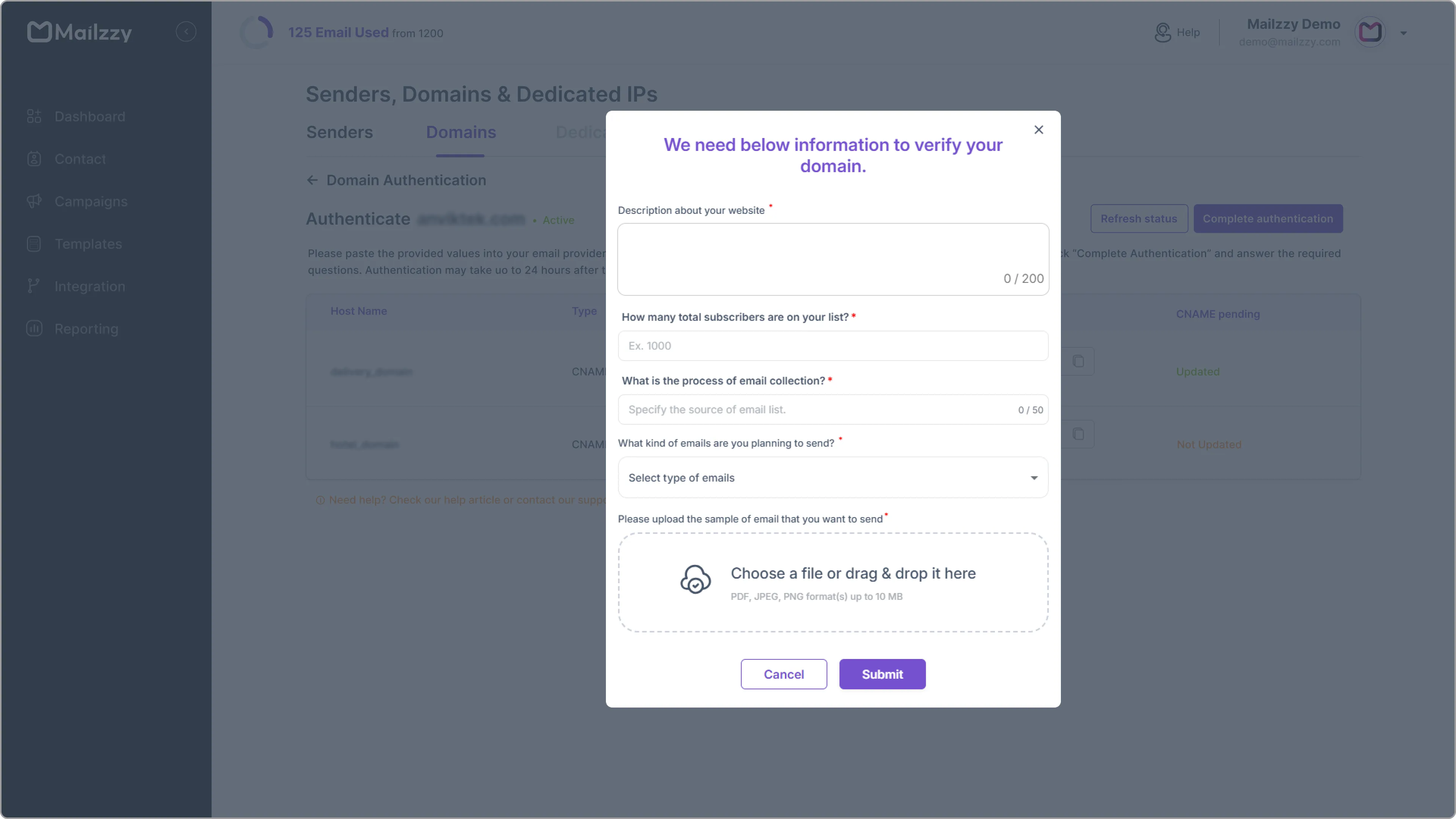 Mailzzy domain authentication questionnaire modal for email usage and template upload