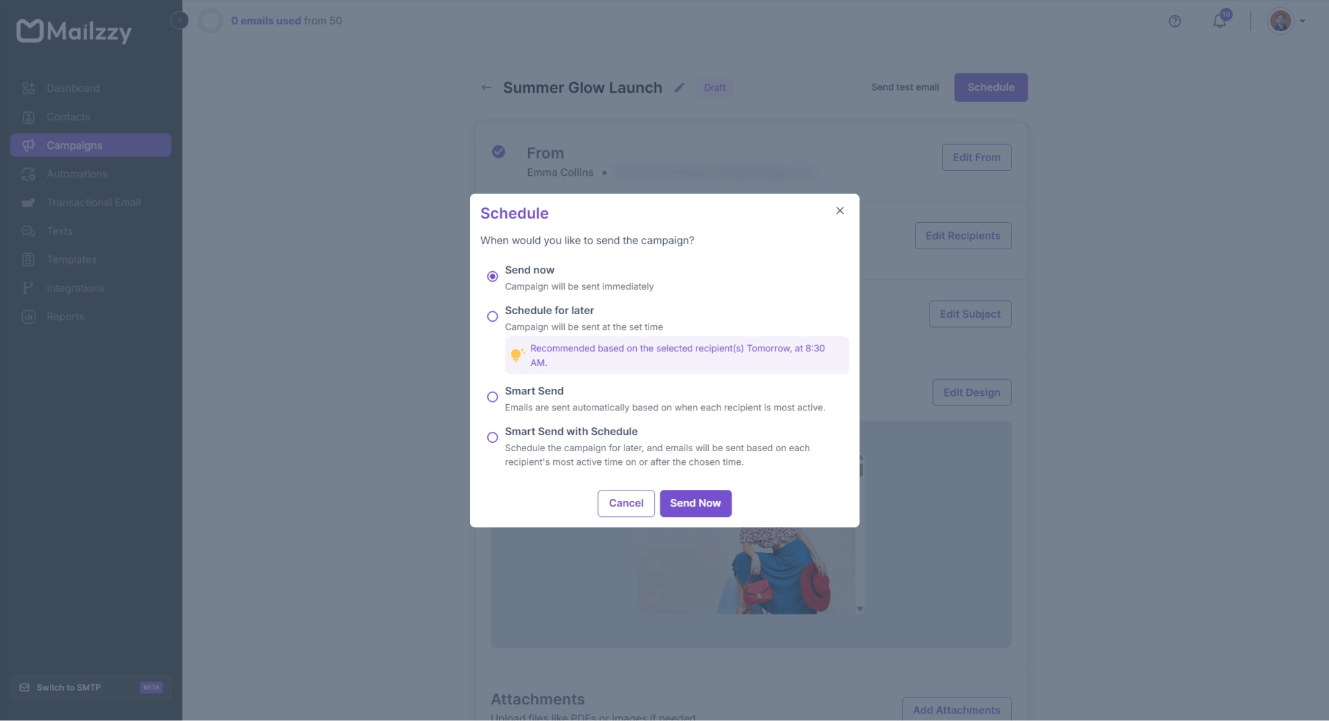 Scheduling an email campaign in Mailzzy