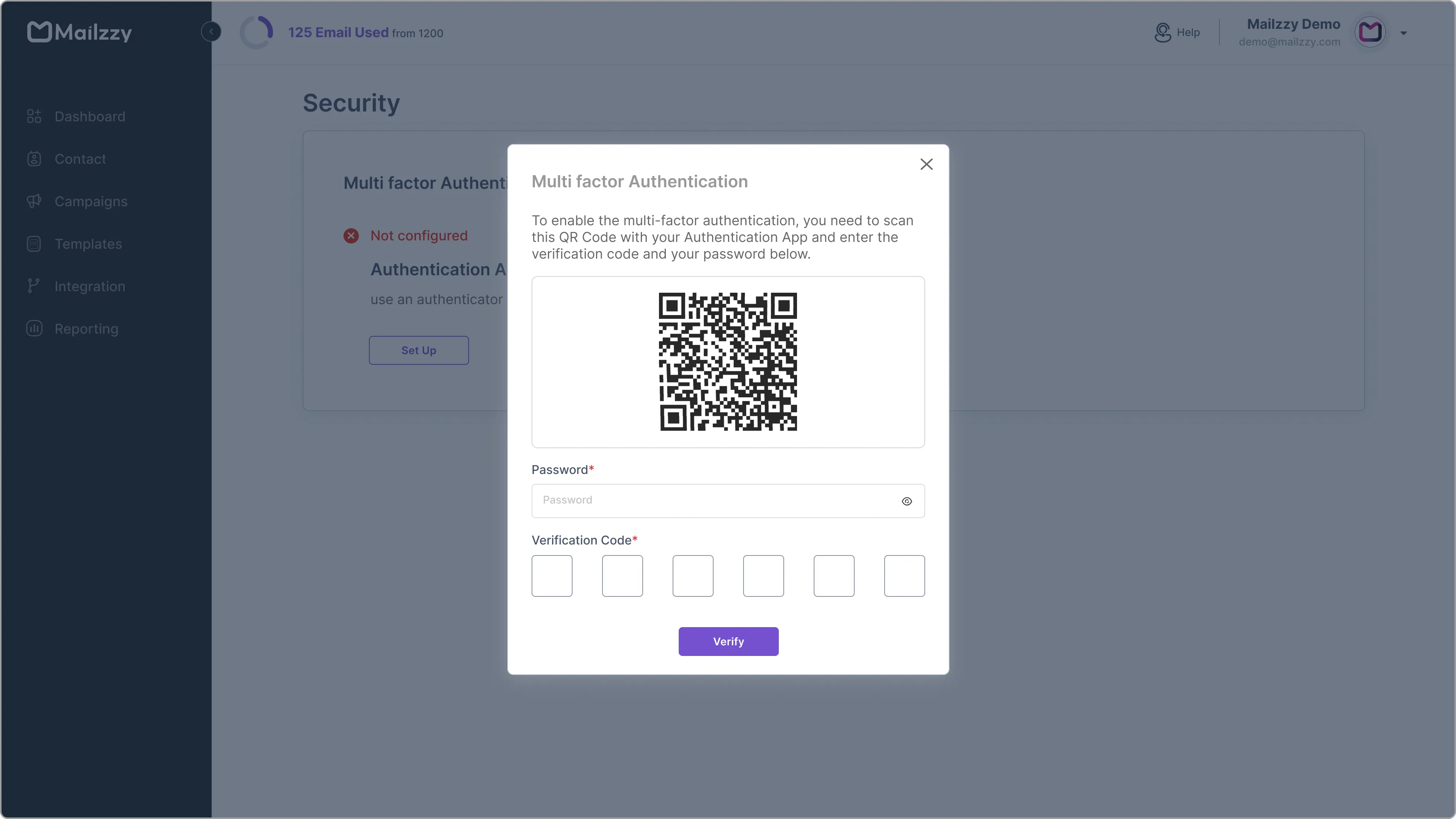 Security setup modal in Mailzzy