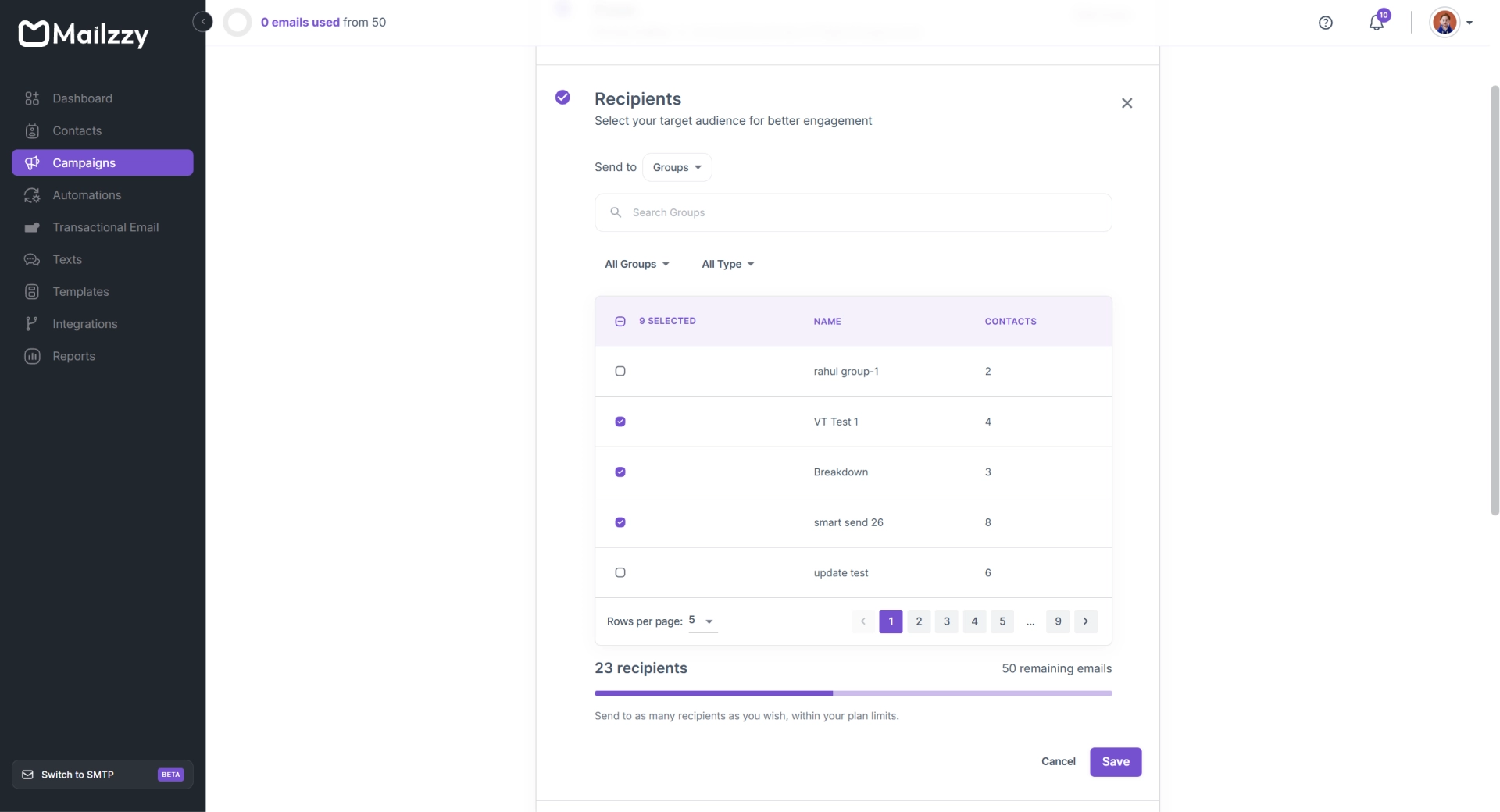 Selecting recipient lists and audience groups in Mailzzy