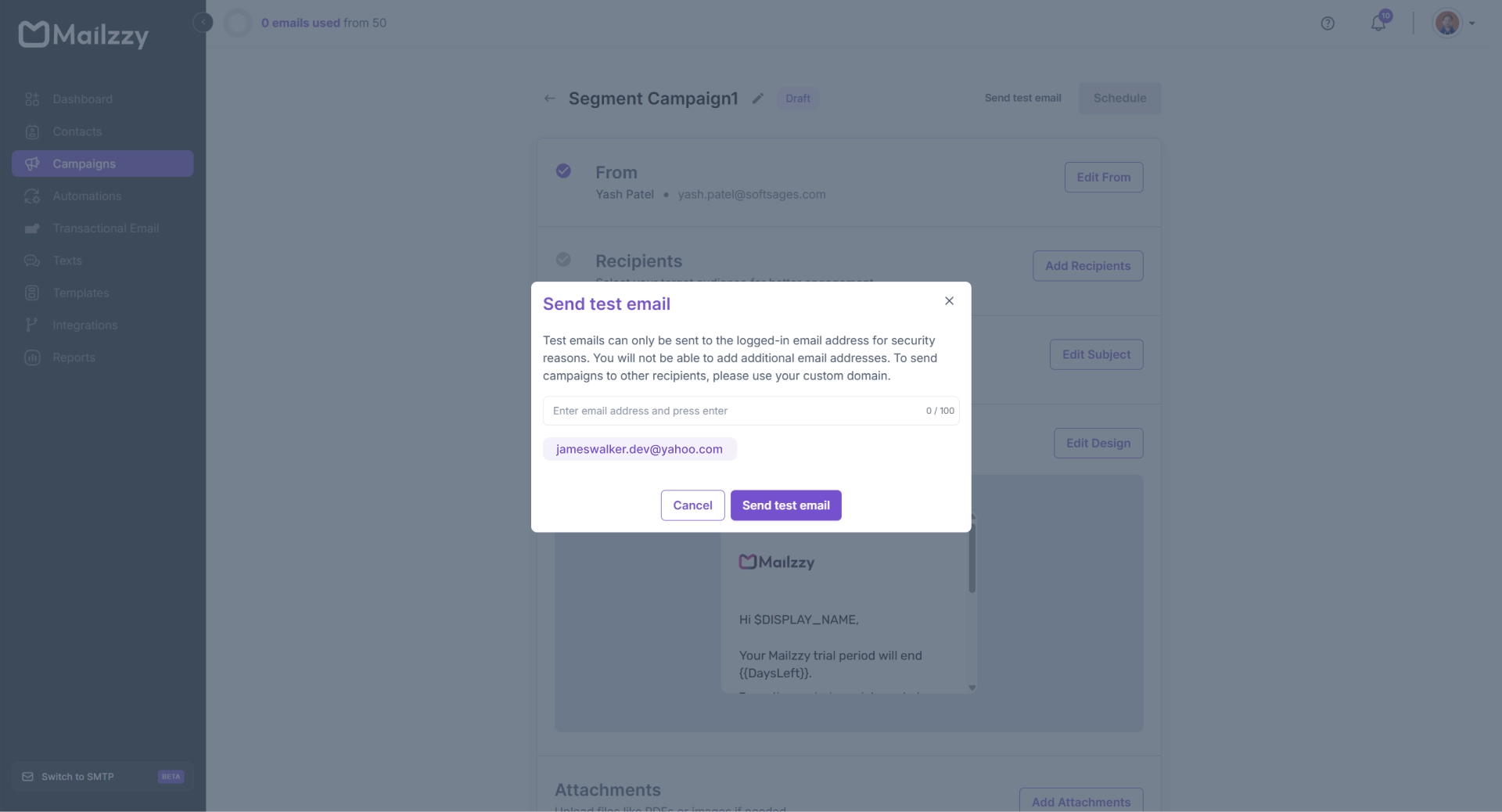 Send test email option in campaign editor