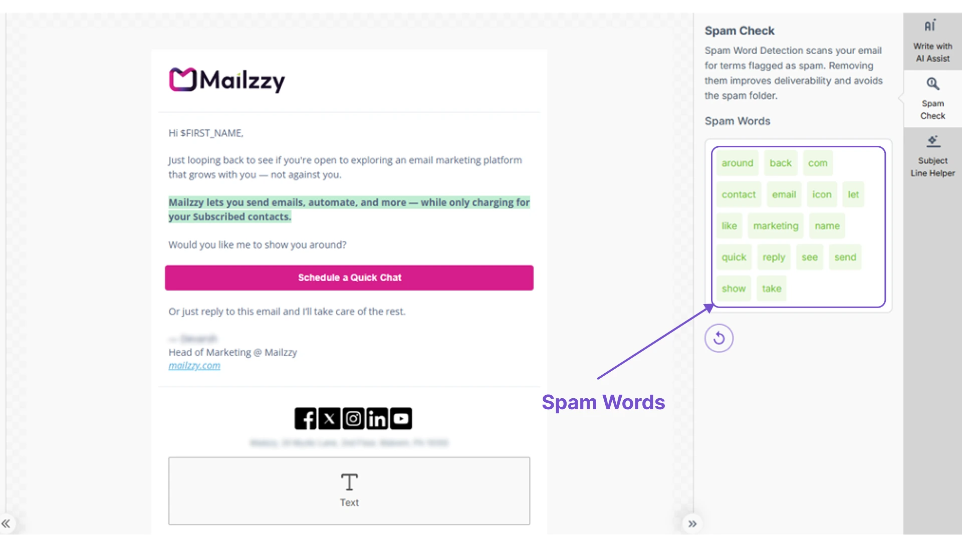 Spam-trigger words highlighted in email content
