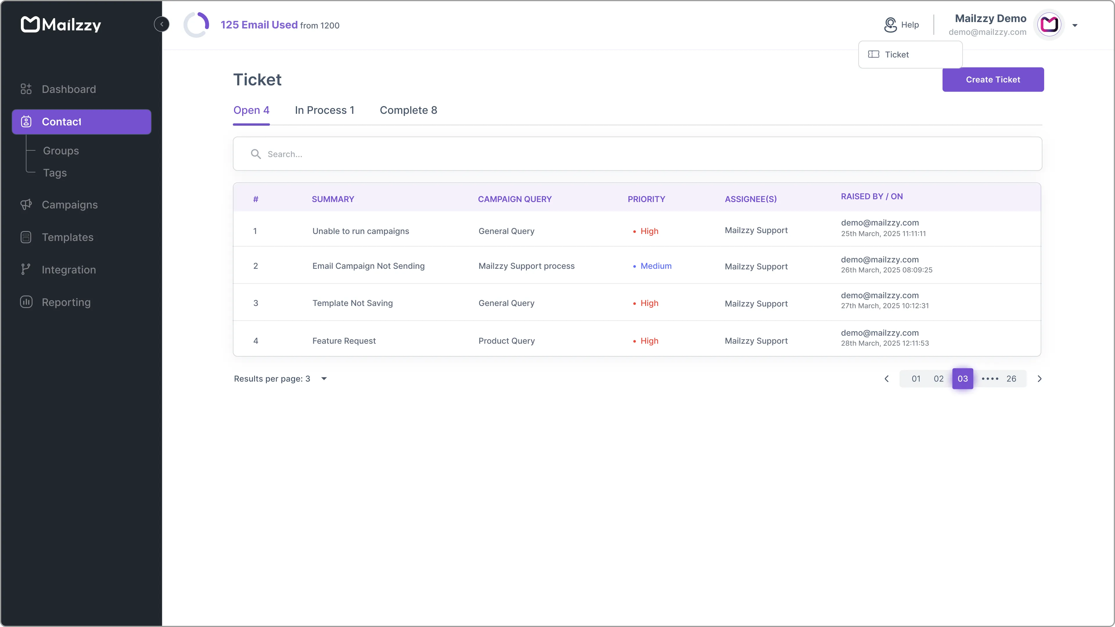 Mailzzy support ticket screen
