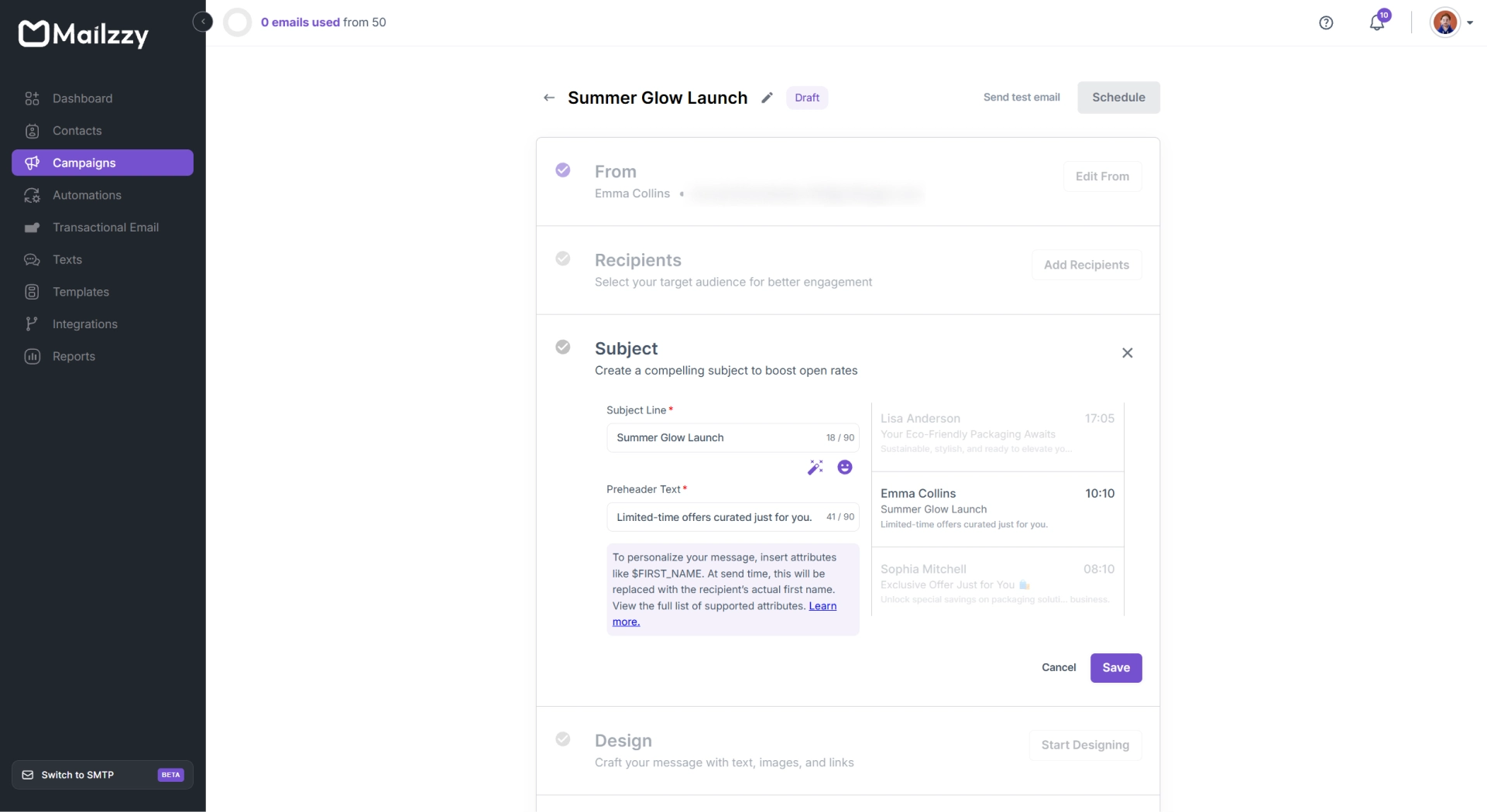 Writing a subject line and preview text in Mailzzy